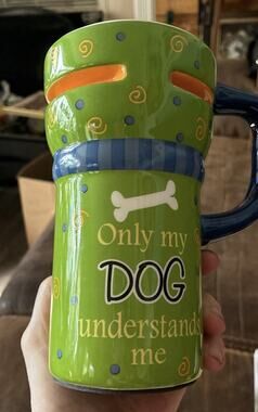 Vintage Ganz “Only My Dog Understands Me” Green 7” Mug With Lid